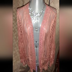 Xhilaration Rose Gold Lace Cardigan w/ Floral Trim Women's Size XL LIKE NEW